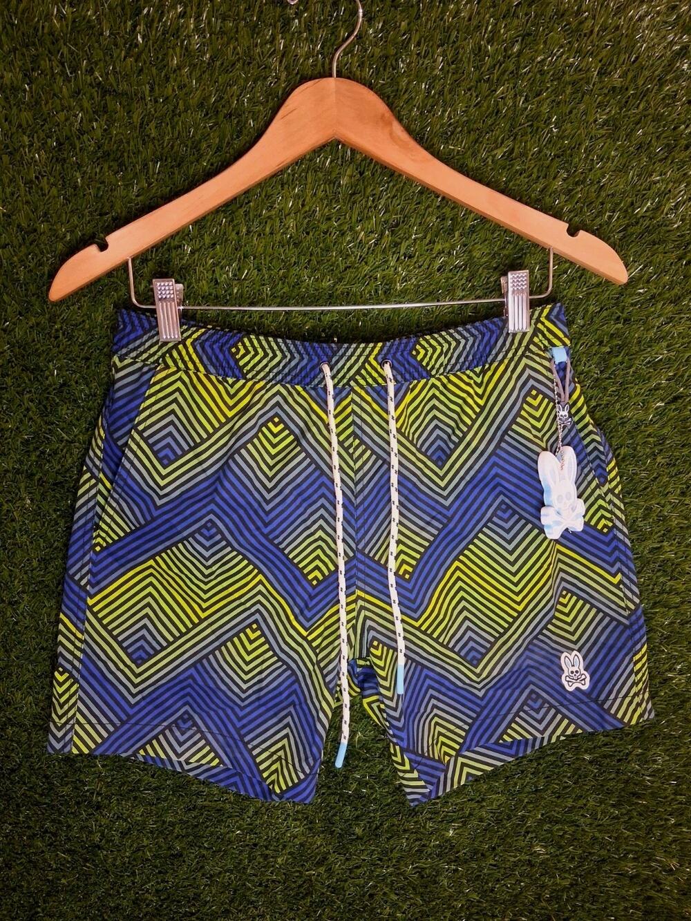 Psycho Bunny Men's Adrian Chevron Swim Trunks Sapphire Blue Green Small 15.5"
